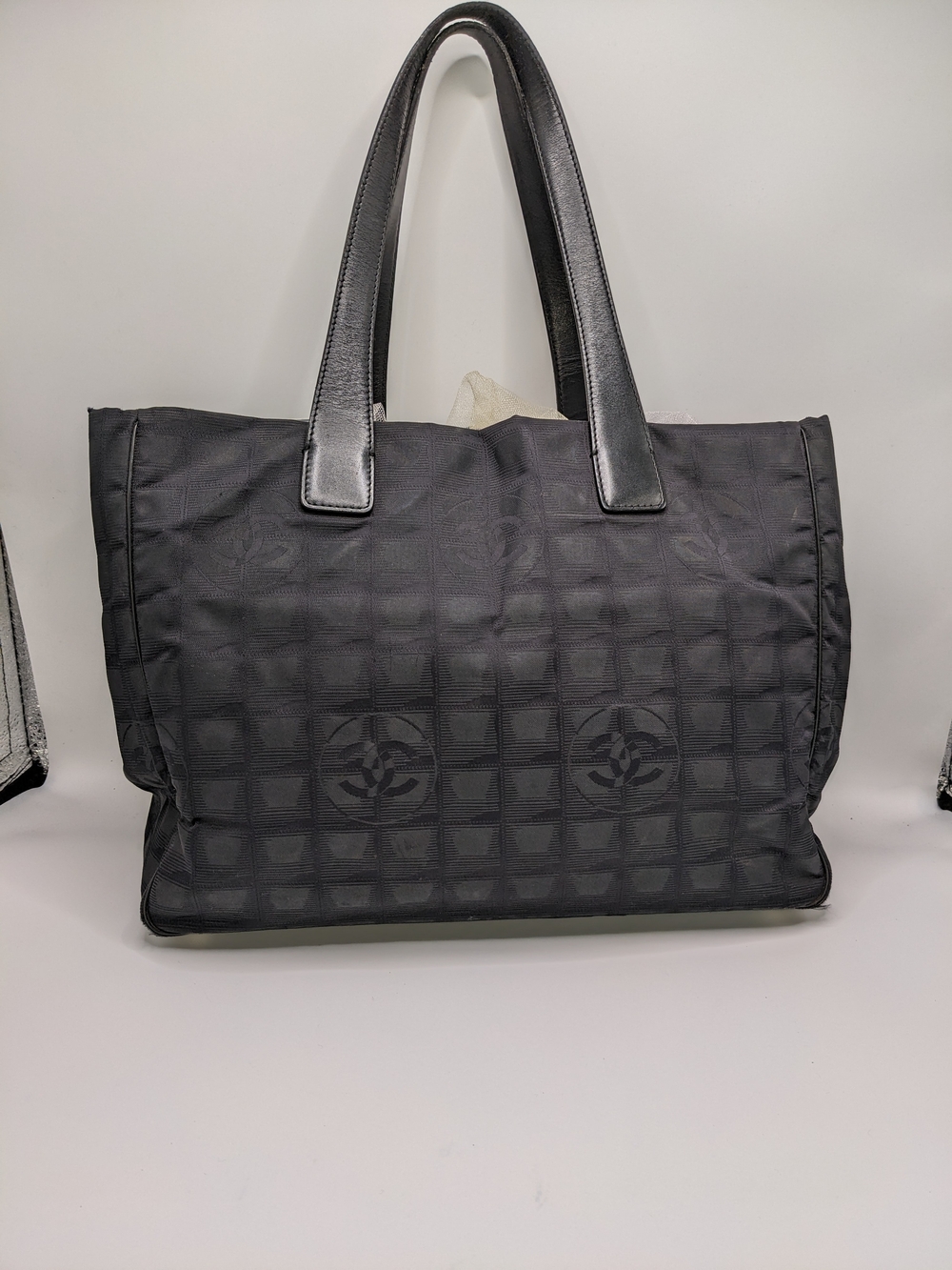 Chanel Black New Travel Line Tote Bag Nylon Jacquard CC Leather Handles
